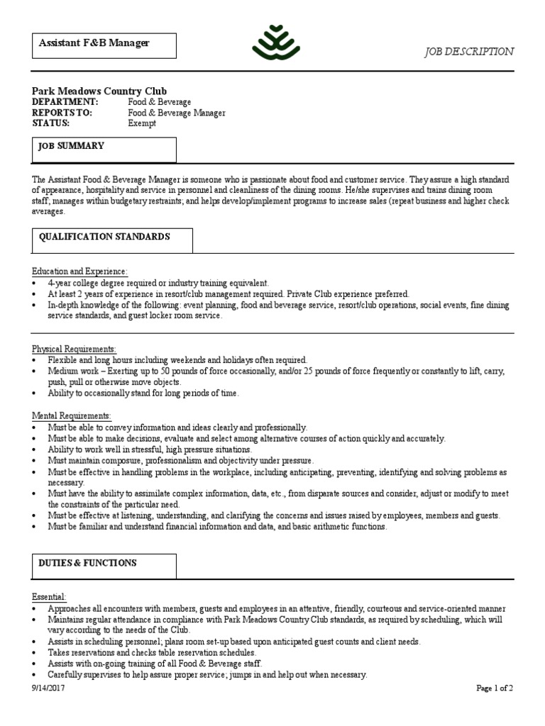 Assistant F&B Manager Job Overview | PDF | Restaurants | Foods