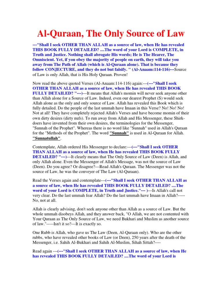 AlQuran, The Only Source of Law! God In Islam Quran