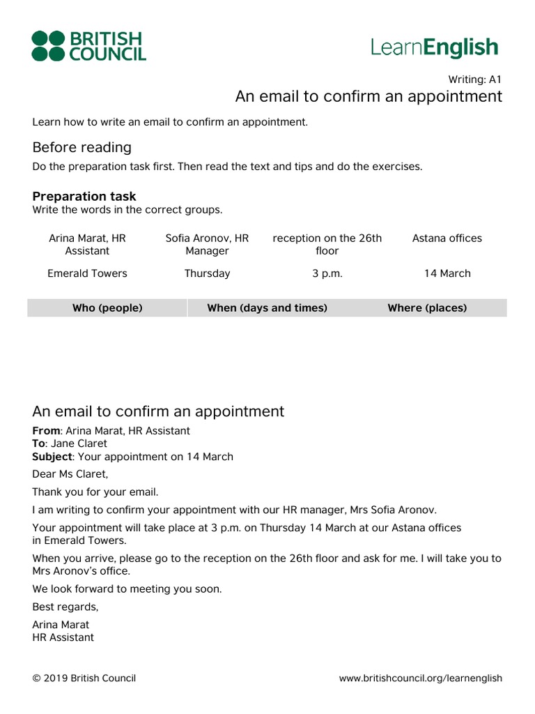 9.LearnEnglish Writing A9 An Email To Confirm An Appointment  PDF