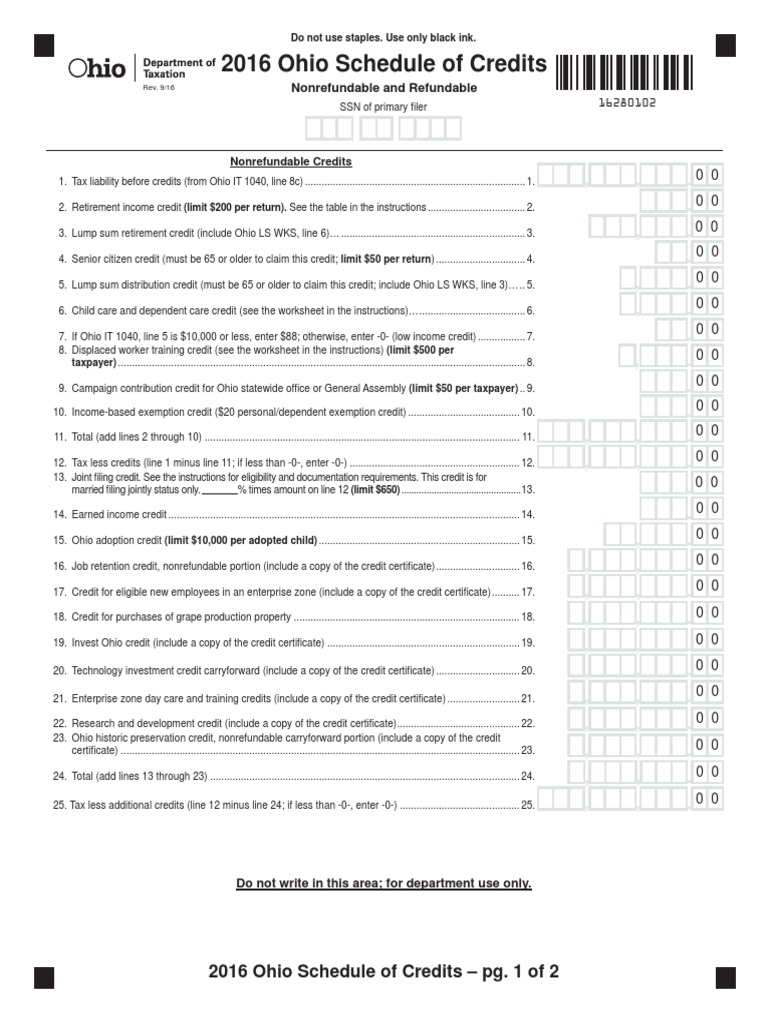 2016 Ohio Schedule of Credits Nonrefundable and Refundable PDF