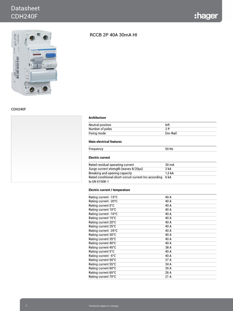 RCCB 2P 40A 30mA HI Datasheet | PDF | Electrical Engineering ...
