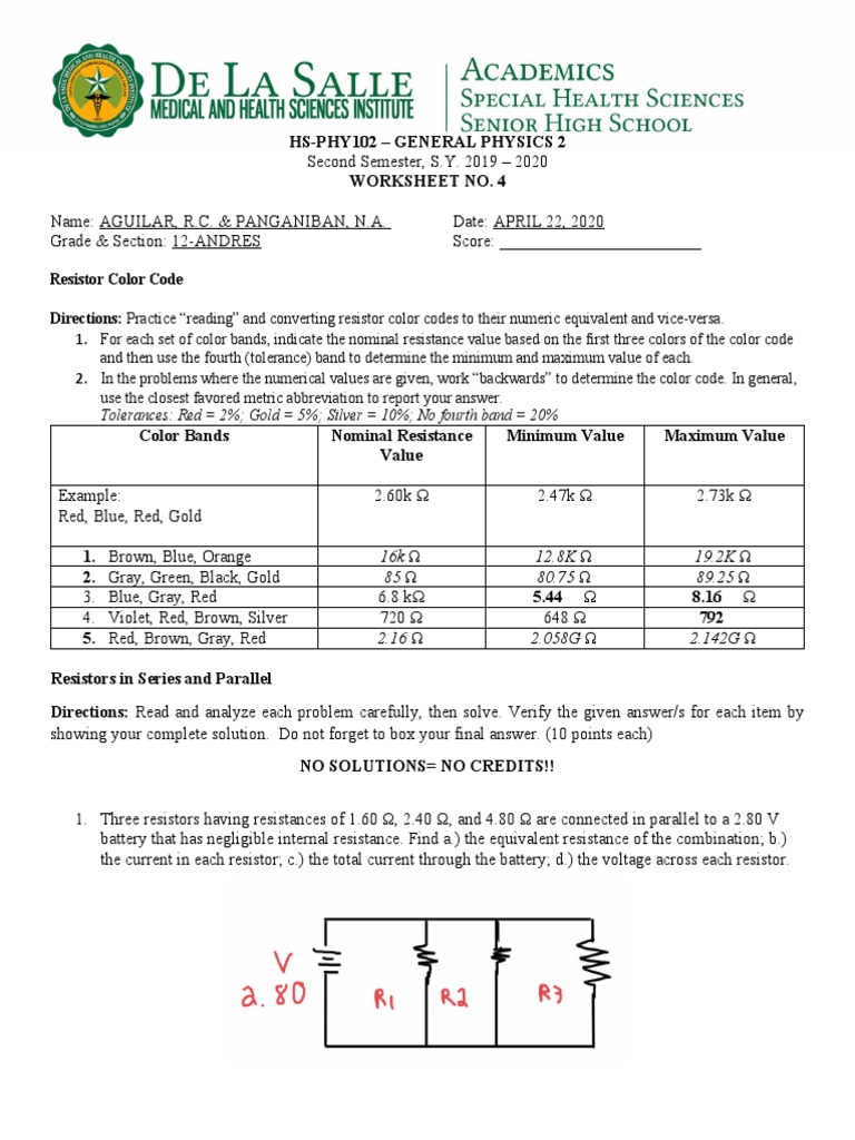 Worksheet 4 Resistors in Series and Parallel PDF Resistor Color