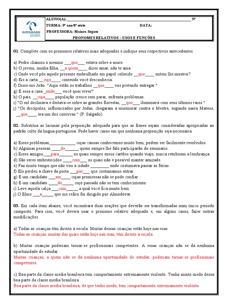 Ficha português 8 - ns - Distinguir «que» pronome relativo de