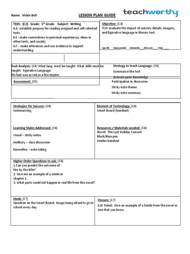 5th Grade Lesson Plan on Similes | PDF | Lesson Plan | Behavior ...
