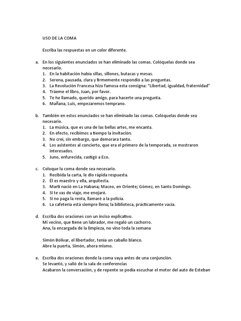 Uso de La Coma Ejercicios Clase 2 | PDF | Arte