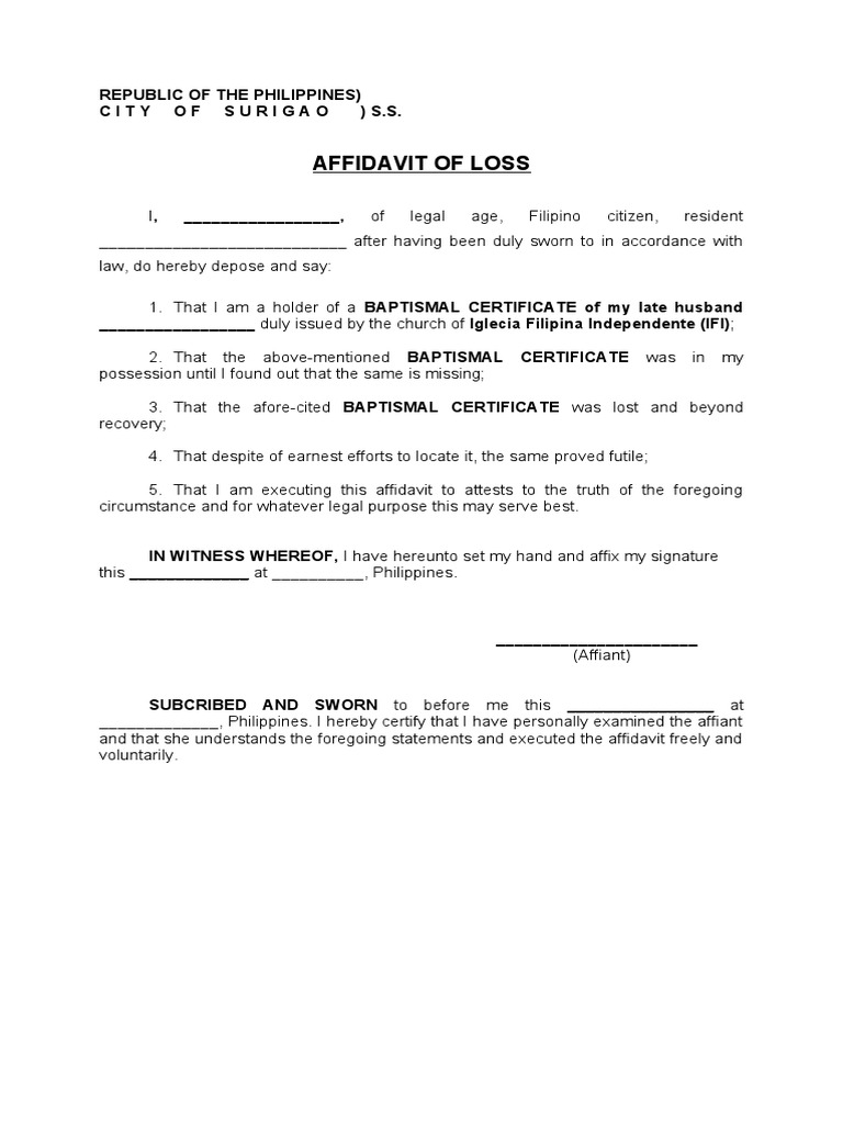 Affodavit of Loss Baptismal Certificate PDF