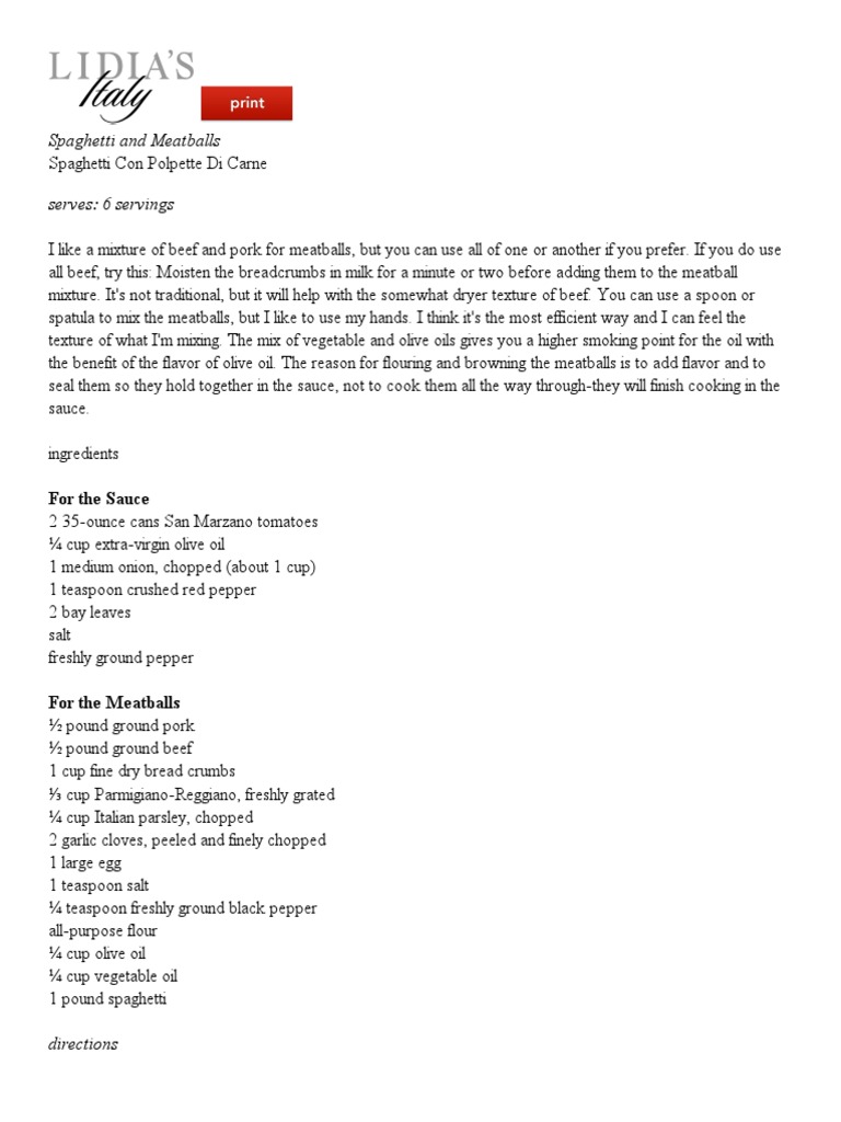 Lidia's Italy - Recipes - Spaghetti and Meatballs - Print | PDF ...