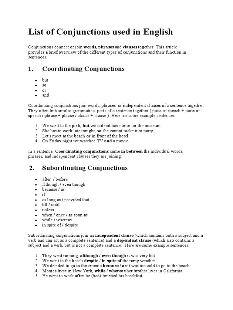 Conjunctions (Connectors) Review Sheet | PDF | Sentence (Linguistics ...