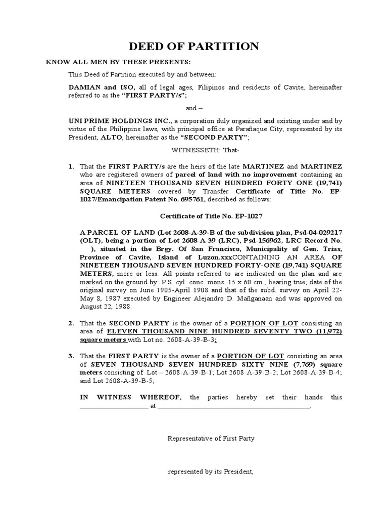 DEED OF PARTITION Sample 2 PDF Real Property Law Real Estate Law