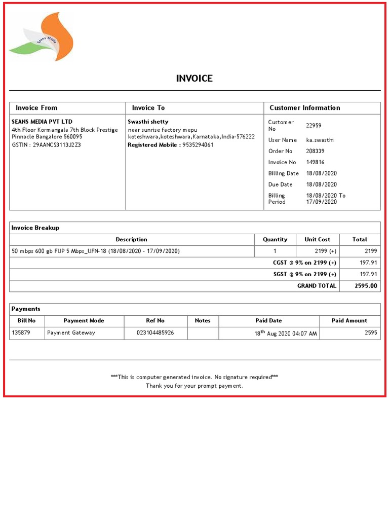 Invoice: Invoice From Invoice To Customer Information | PDF | Computing ...