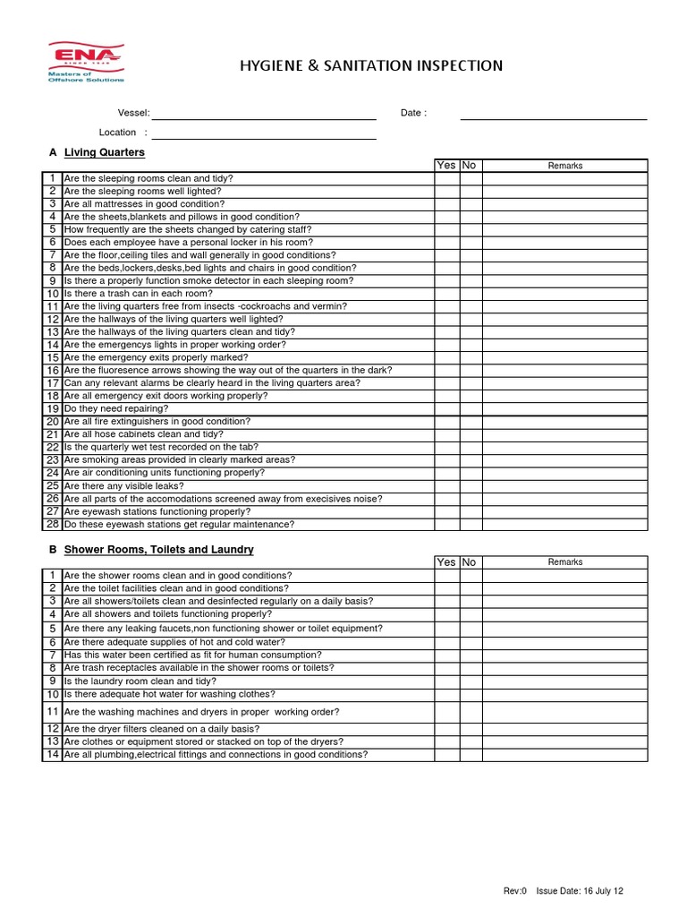 Hygiene and Sanitation Inspection Checklist | PDF | Refrigerator | Food ...