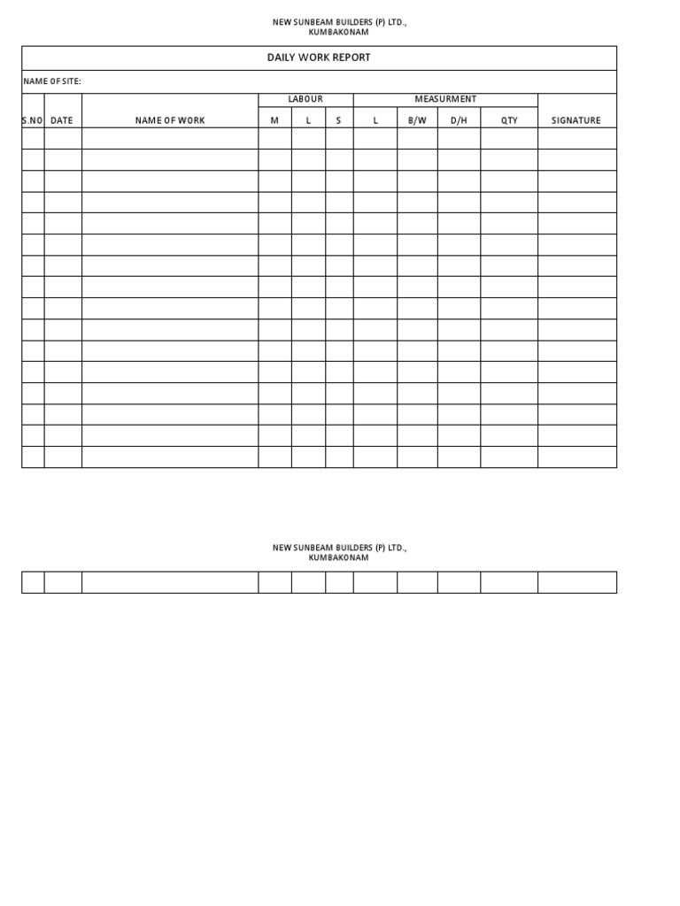 Daily Work Report: Labour Measurment Signature M L S L B/W D/H QTY ...