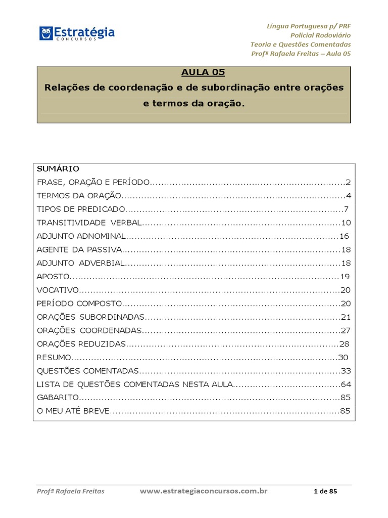 Aula 05 Coordenação e de Subordinação Entre Orações 85 | PDF | Assunto ...