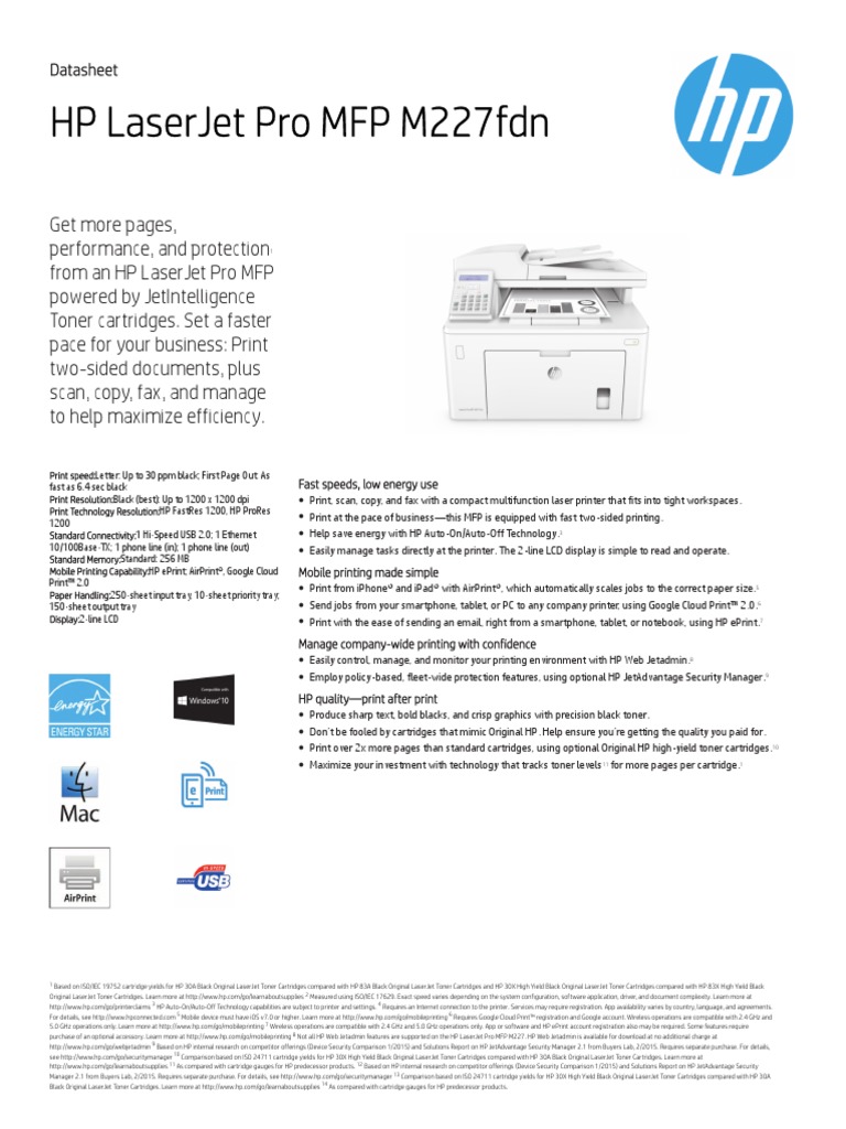 HP Laserjet Pro MFP M227Fdn: Datasheet | PDF