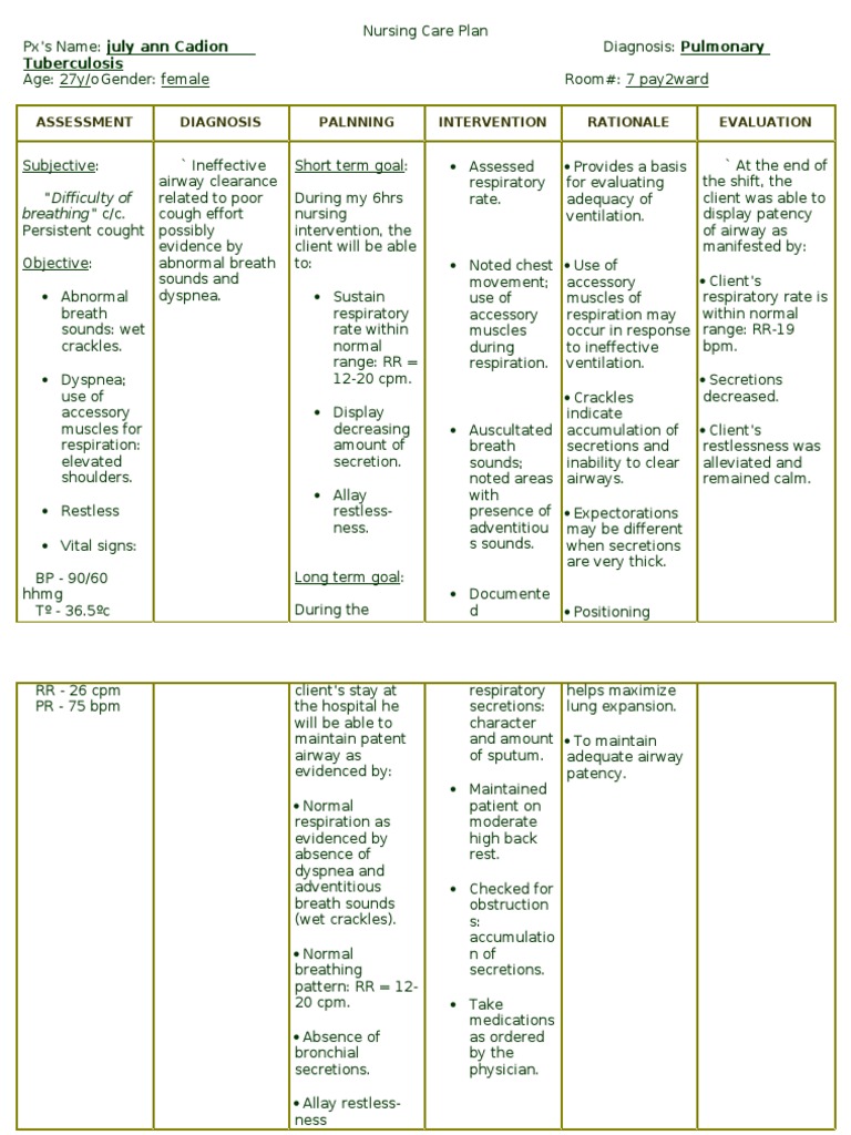 Nursing Care Plan for Pulmonary Tuberculosis | PDF | Respiratory Tract ...