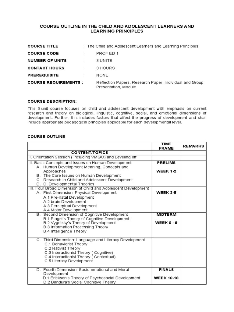 Course Outline in The Child and Adolescent Learners and Learning ...