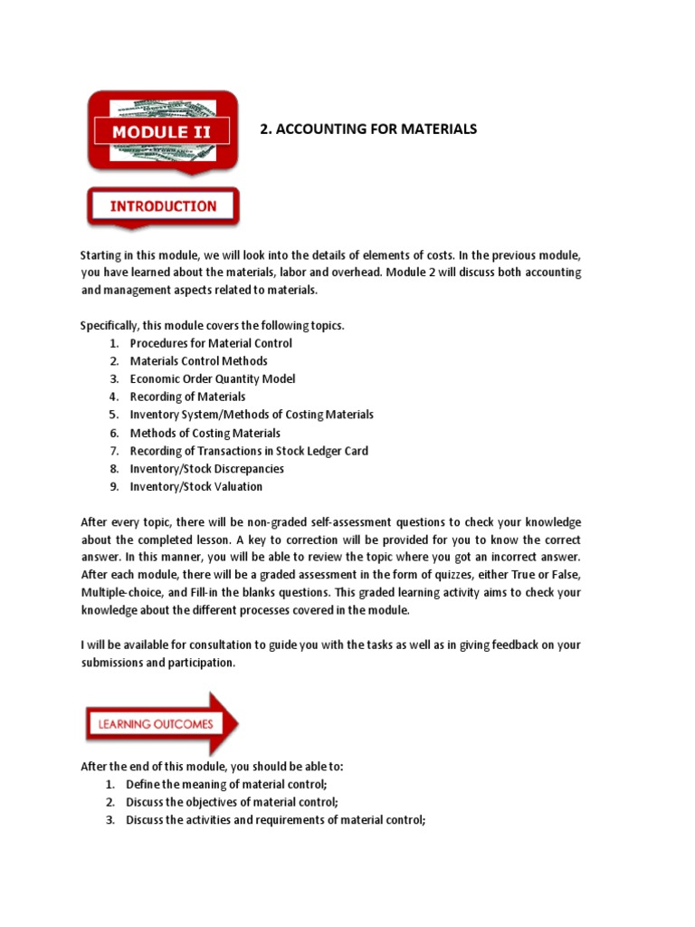 Module 2 ACCOUNTING FOR MATERIALS | PDF | Inventory | Valuation (Finance)