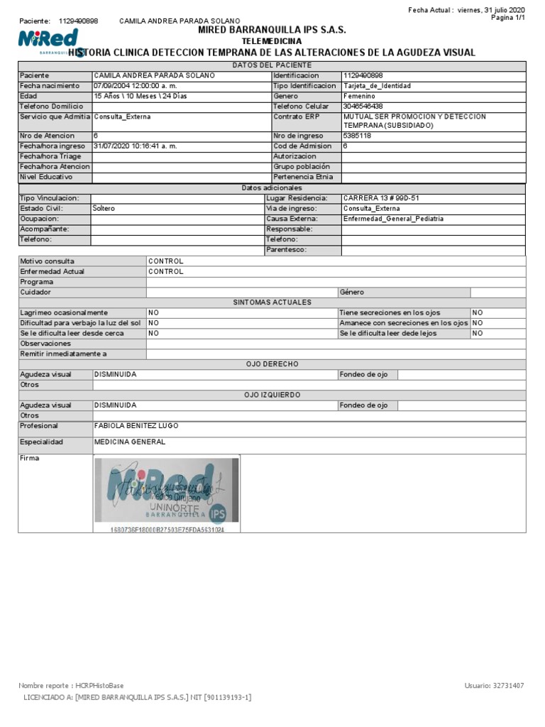 Mired Barranquilla Ips S.A.S. Historia Clinica Deteccion Temprana de Las  Alteraciones de La Agudeza Visual | PDF | Medicina | Ciencias de la Salud