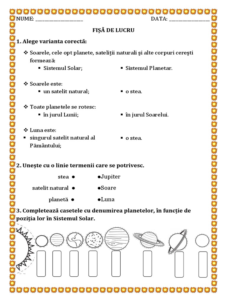 Fisa De Lucru Planetele Sistemului Solar Sistemul Solar Fisa de Lucru | PDF