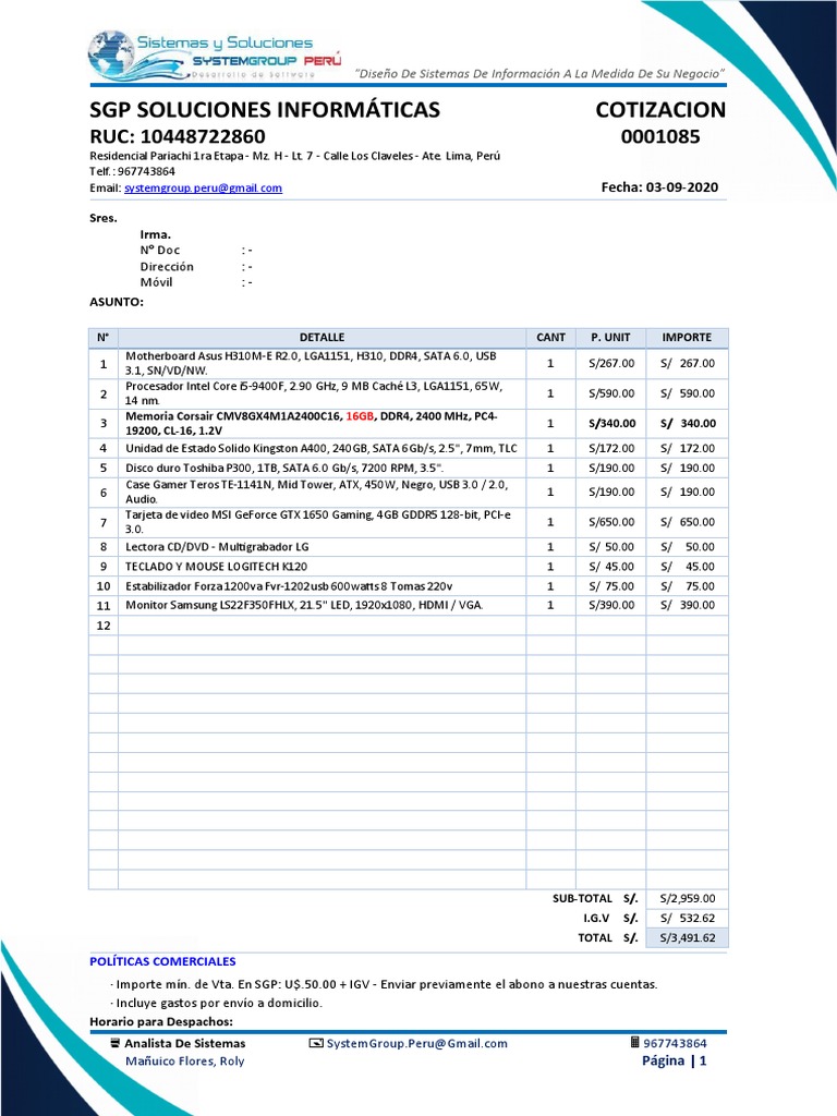 COTIZACIÓN EQUIPO CORE I5 | PDF | Datos de computadora | Hardware de la ...