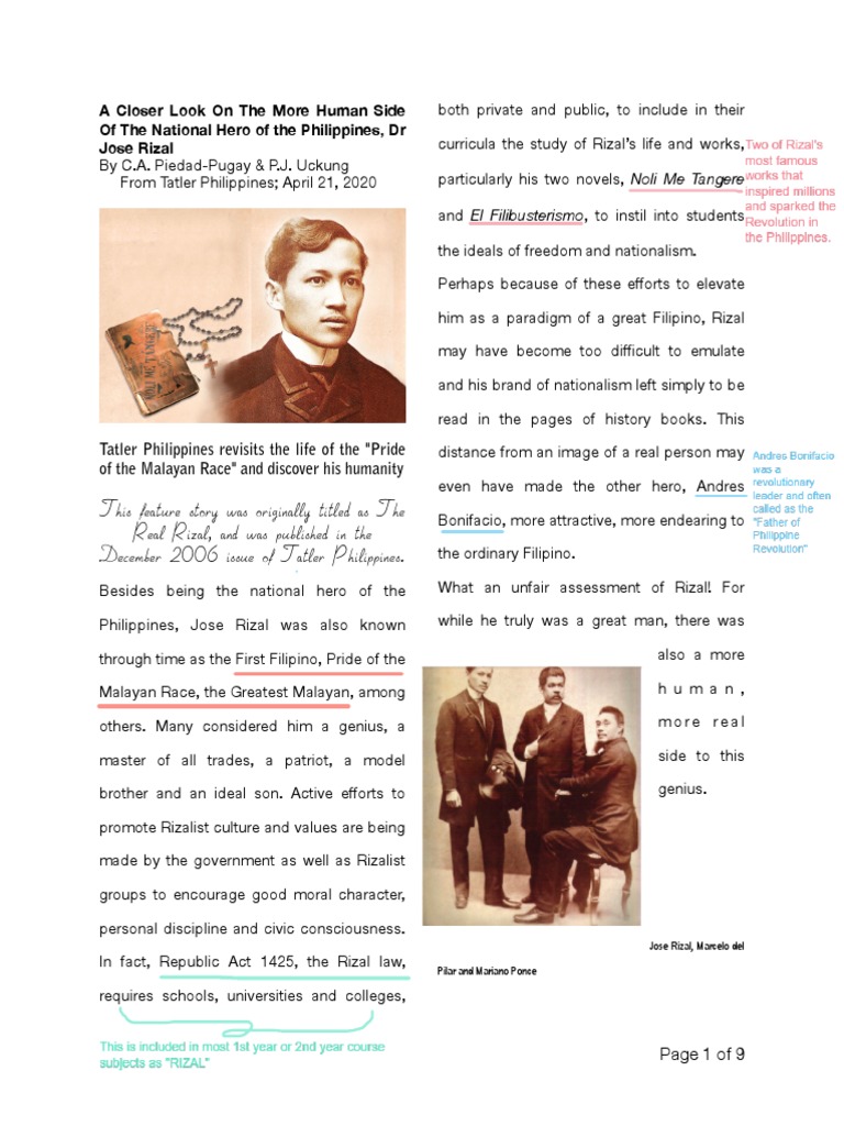 Reading #1 On A Closer A Look at Rizal - Annotated by | PDF | Philippines