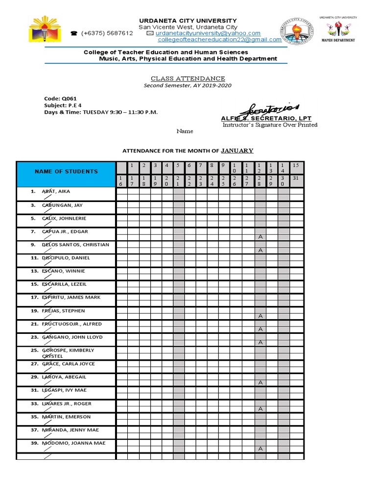 Urdaneta City University P.E. Attendance | PDF | Further Education ...