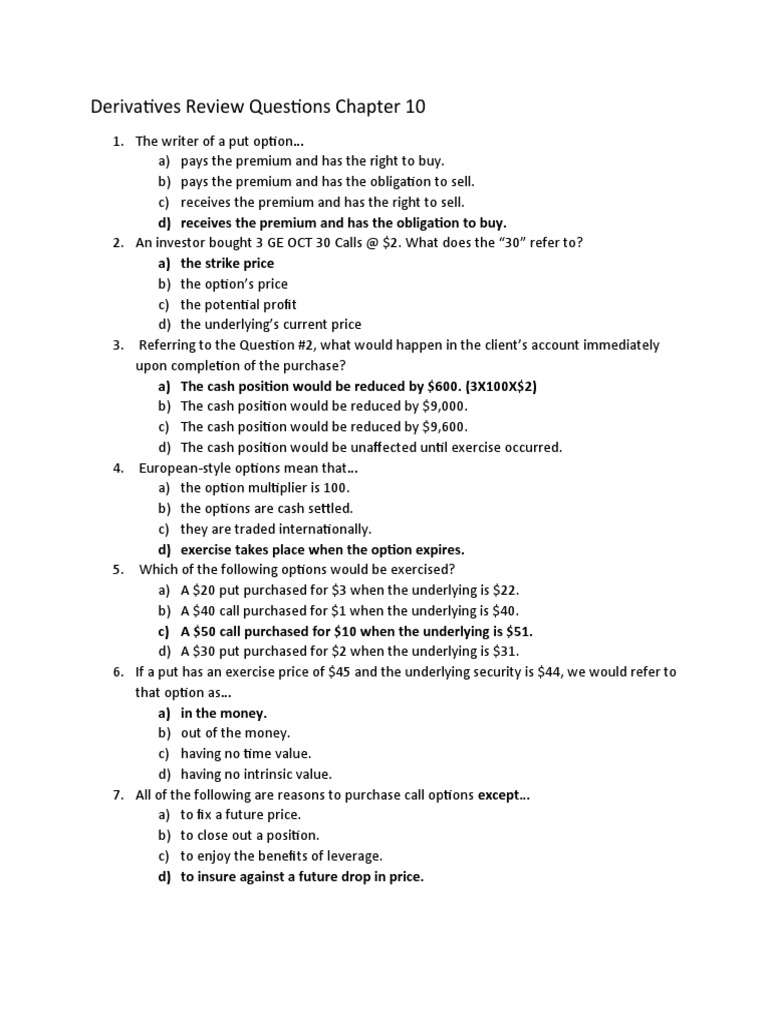 Derivatives Review Questions Summary | PDF | Warrant (Finance) | Option ...