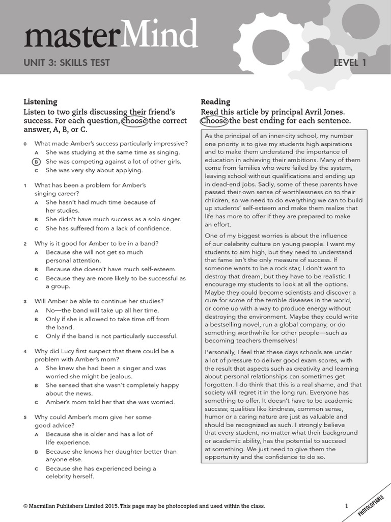 Mastermind 1 Unit 3 Skills Test | PDF | Behavior Modification ...