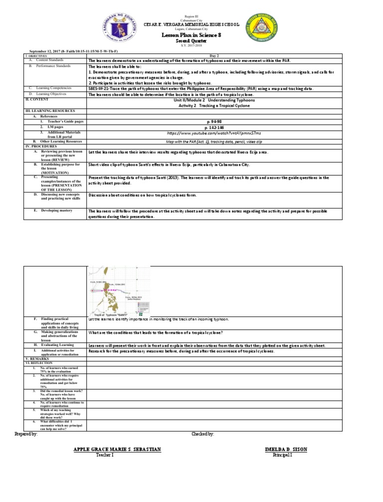 Lesson Plan in Science 8: Second Quarter | PDF | Tropical Cyclones ...