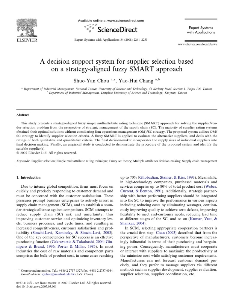 Fuzzy SMART for Supplier Selection | PDF | Supply Chain Management ...