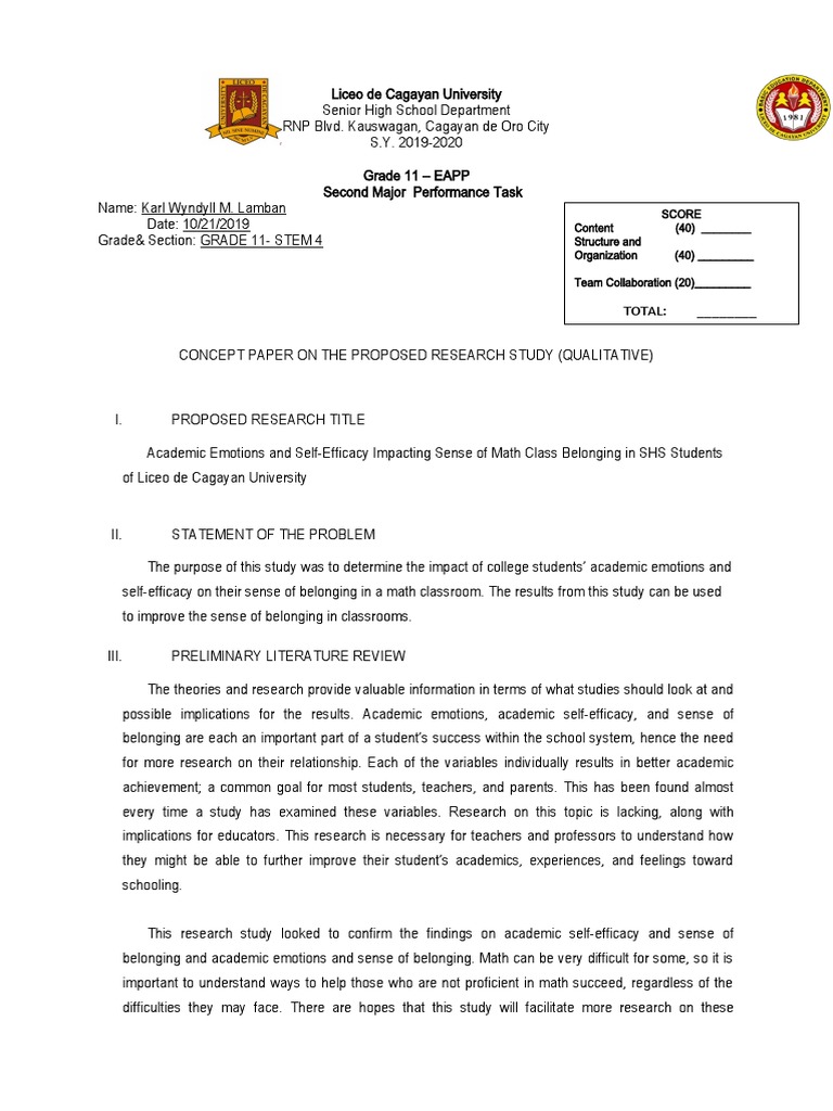 EAPP Concept Paper: Math Class Belonging | PDF | Self Efficacy | Emotions