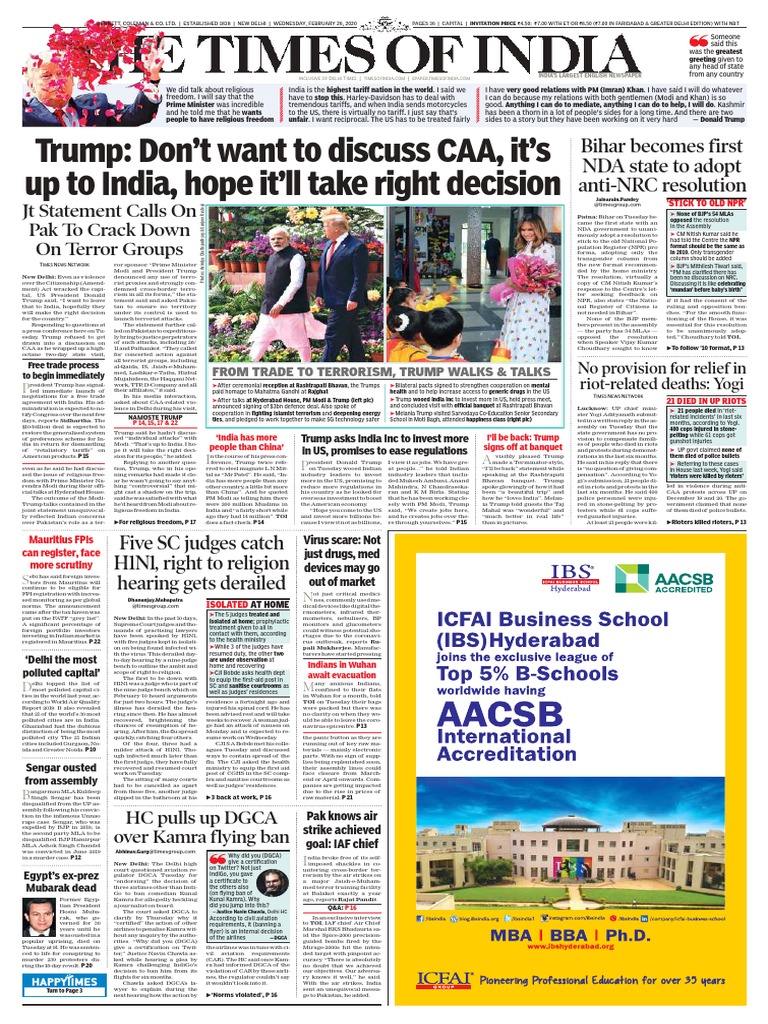 The Times of India Delhi - 2020 - 02 - 26 PDF | PDF | Narendra Modi |  Donald Trump