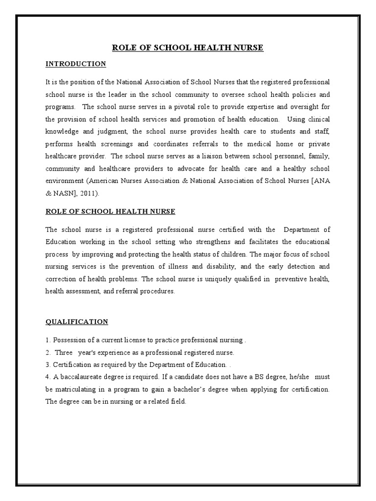 School Health Nurse Roles and Functions | PDF | Nursing ...