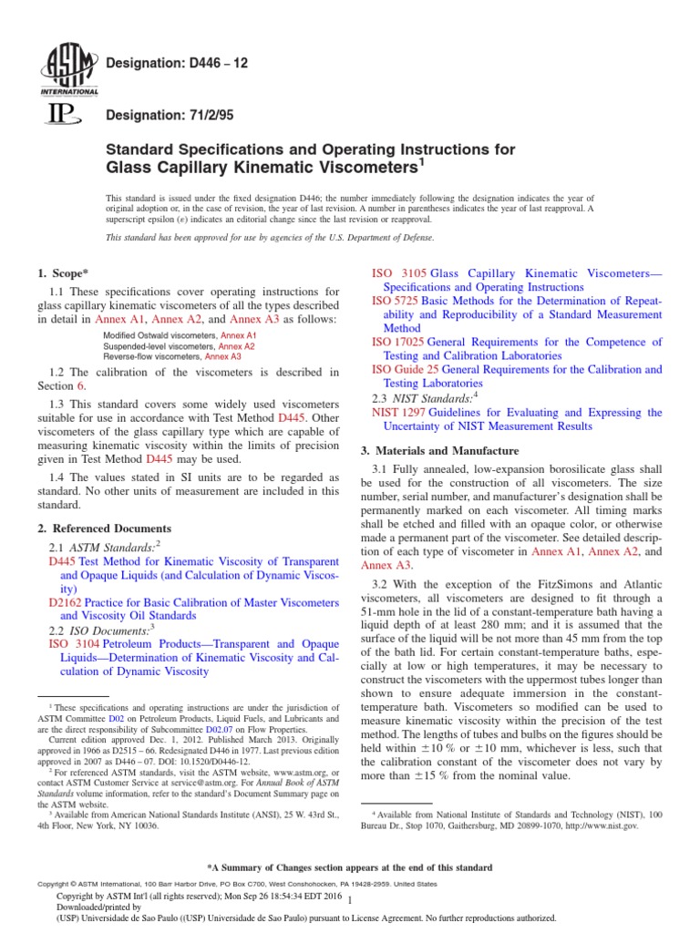 Glass Capillary Kinematic Standard Specifications and