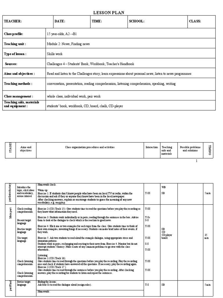 A2-B1 News Lesson Plan for Teachers | PDF | Reading Comprehension ...