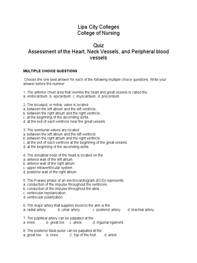 Heart and Neck Vessels Assessment Quiz | PDF | Heart Valve | Heart