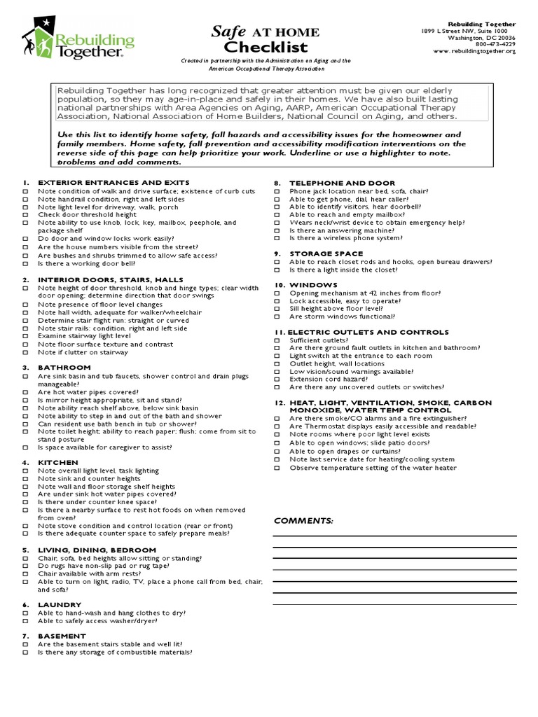 RT Aging in Place Safe at Home Checklist | PDF | Door | Water Heating