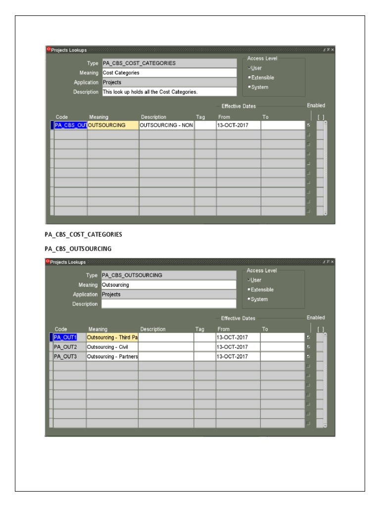 Pa - Cbs - Cost - Categories Pa - Cbs - Outsourcing | PDF