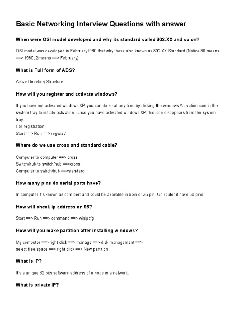 Basic Networking Interview Questions With Answer PDF Ip Address