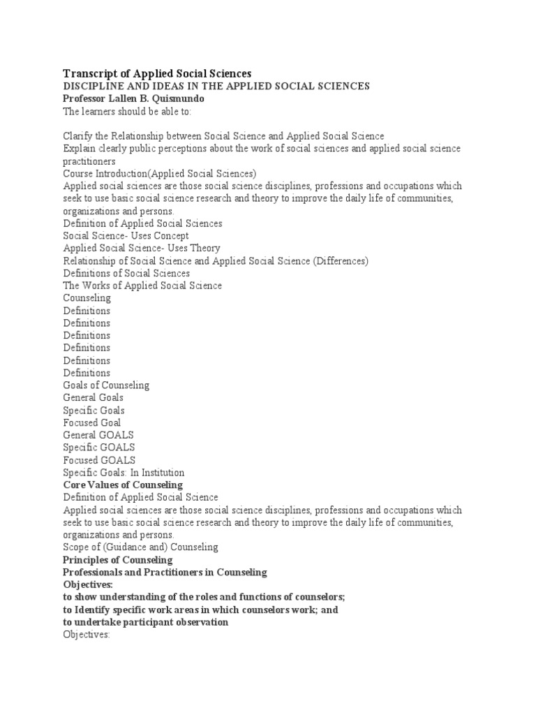 Transcript of Applied Social Sciences | PDF | Social Work | Psychotherapy