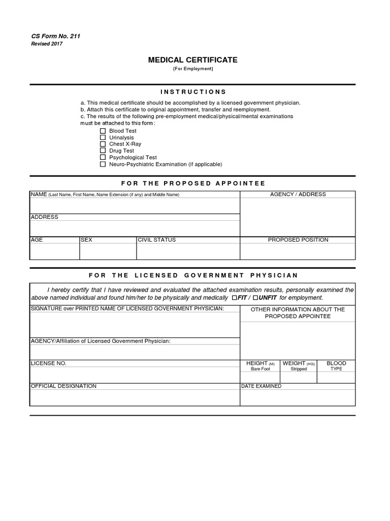 CS Form No. 211 Medical Certificate PDF PDF Physician Health Sciences