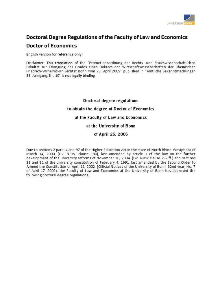 Doctoral Regulations for Economics Degree | PDF | Thesis | Doctorate