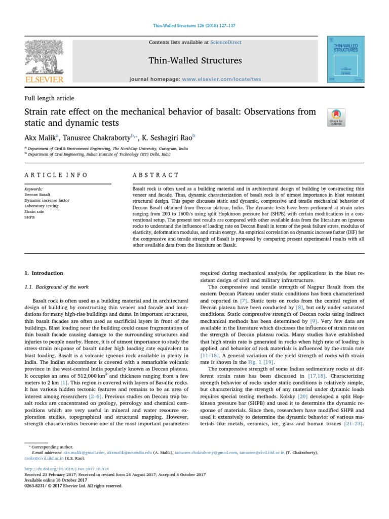 Strain Rate Effect On The Mechanical Behavior of Basalt Observations ...