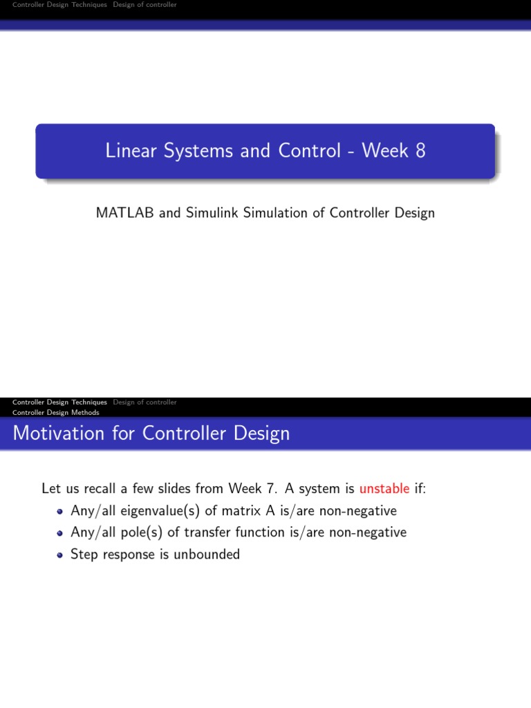 Linear Systems and Control - Week 8: MATLAB and Simulink Simulation of ...