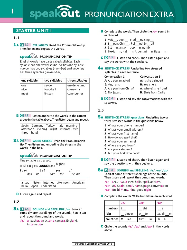 02 Speakout - Pronunciation - Extra - Starter - Unit - 1 PDF | PDF ...
