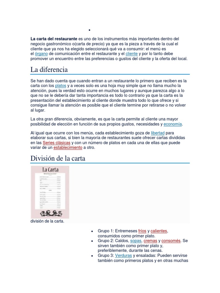 Importancia y diseño de la carta en restaurantes | PDF | Vino | Postres