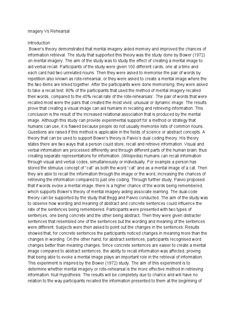 Imagery Vs Rehearsal | PDF | Recall (Memory) | Mental Image
