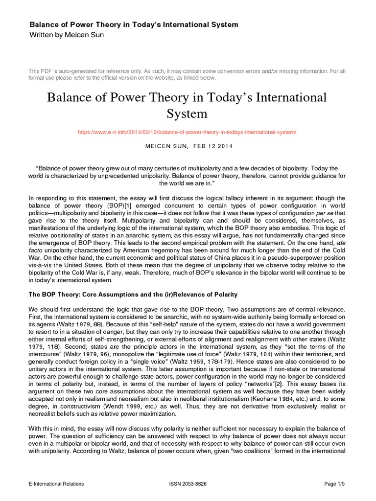 Balance of Power Theory in Today's International System Written by