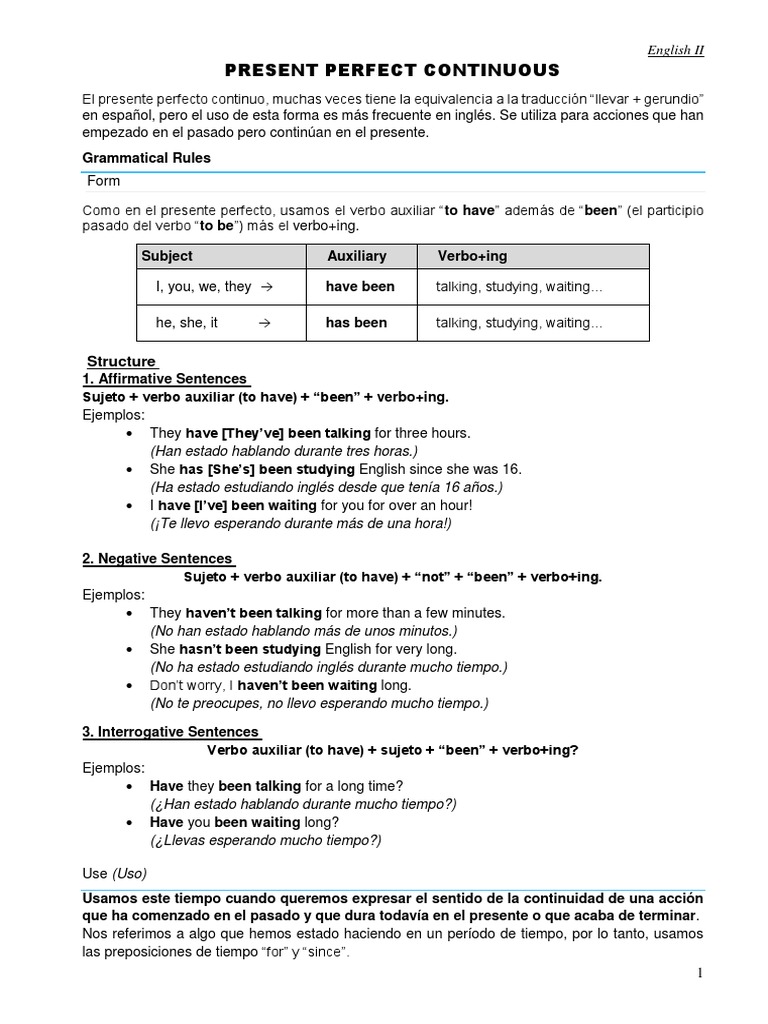 Presente Perfecto Continuo en Inglés | PDF | Mecánica del lenguaje ...