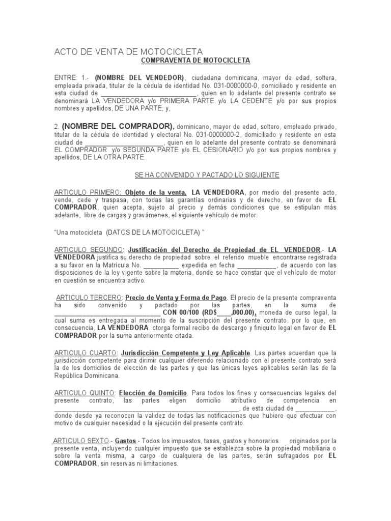 Acto de Venta de Motocicleta | PDF | Gobierno | Derecho privado
